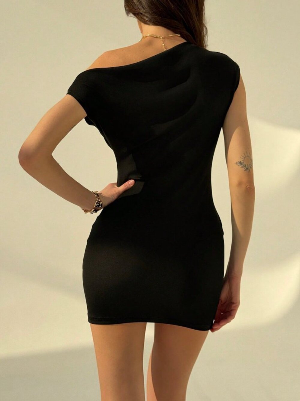black Chic Women's Asymmetric Neckline, Metallic Details Mini Dress - Picture 7 of 7
